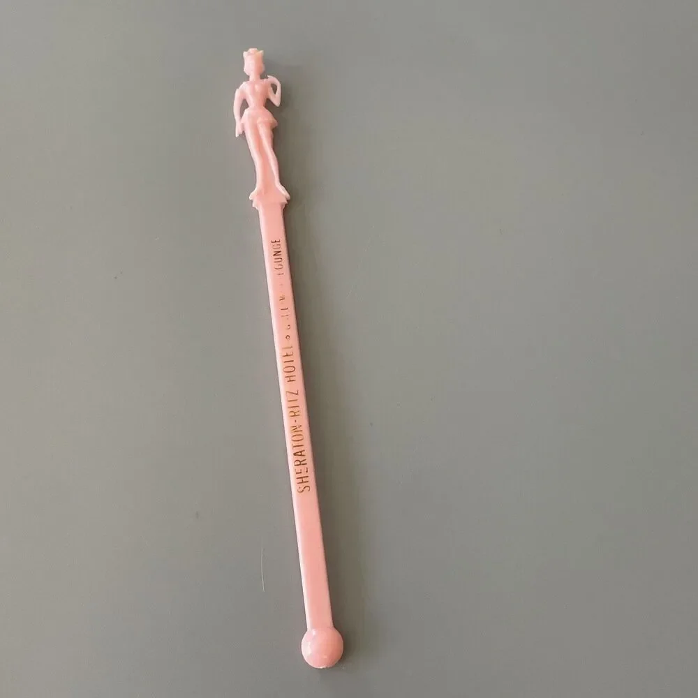 Vintage Figural Lady SHERATON-RITZ HOTEL Pastel Pink Swizzle Stir Stick HTF Rare